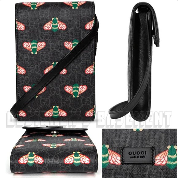 GUCCI black leather BESTIARY Bee GG Supreme black Canvas Cross Body PHONE bag 🎁 - Picture 4 of 5